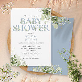 Greenery Foliage Boy Dusty Blue Brev Baby Shower Inbjudningar