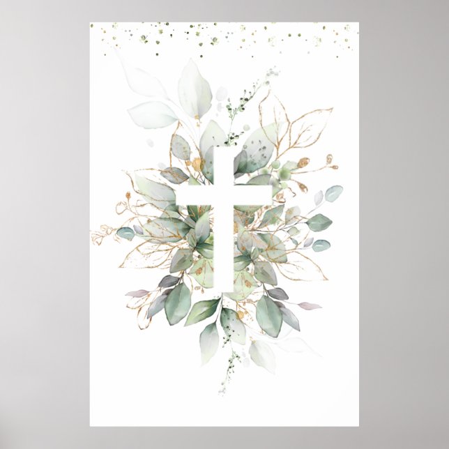 Greenery Foliage Cross Baby Baptism  Poster (Framsidan)