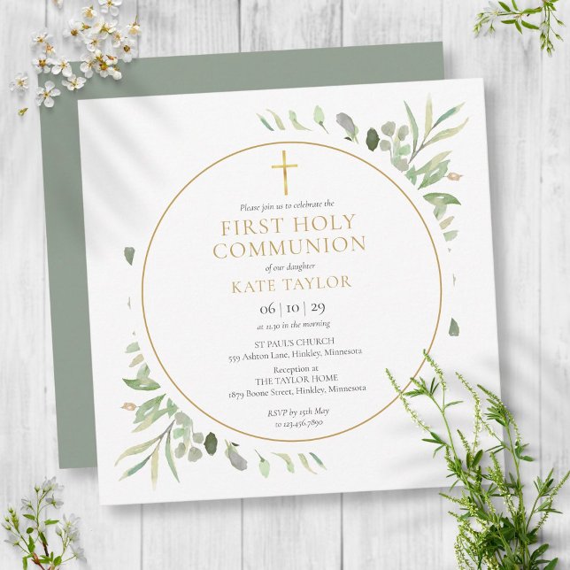 Greenery Foliage Guld First Heliga Communion Inbjudningar (Skapare uppladdad)