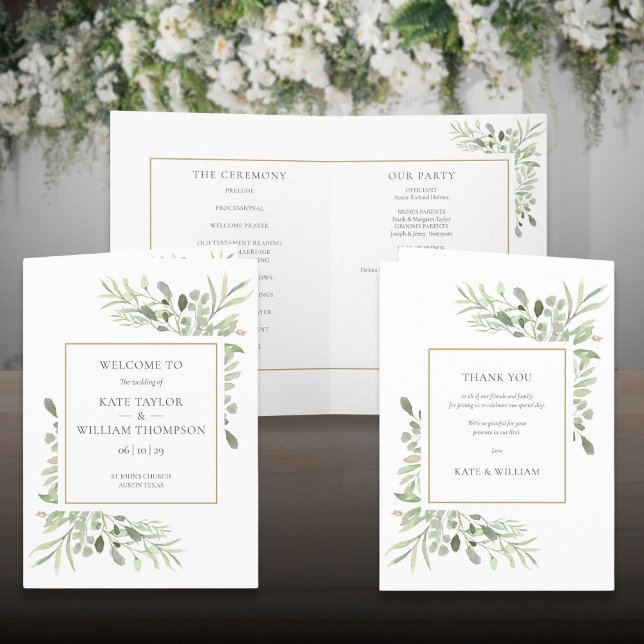 Greenery Foliage Guld Geometric Bröllop Program (Greenery Foliage Gold Geometric Wedding Program)