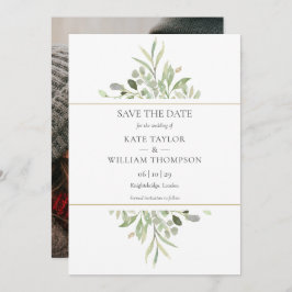 Greenery Foliage Guld Geometric Photo Bröllop Spara Datumet