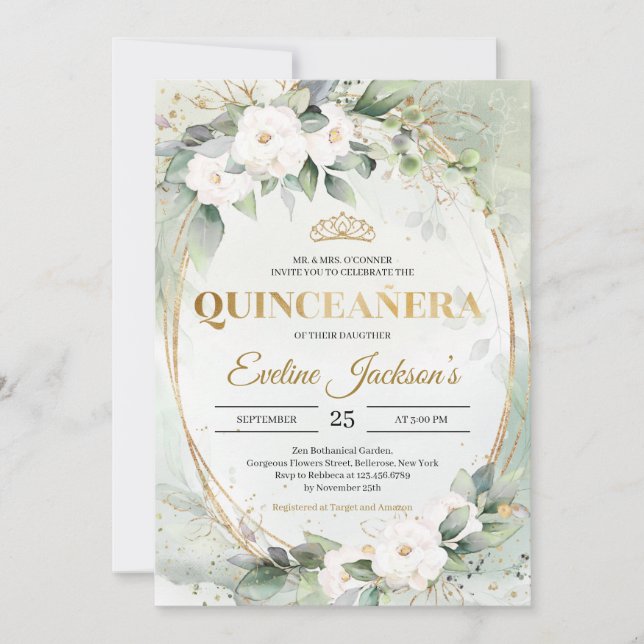 Greenery foliage guld tiara krona Quinceañera Inbjudningar (Framsida)