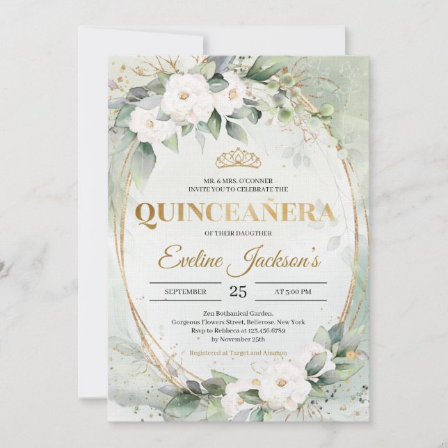 Greenery foliage guld tiara krona Quinceañera Inbjudningar (Framsida)