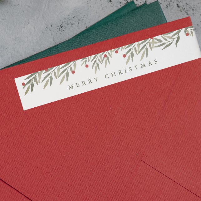 Greenery Foliage Modern Juldag Returadress Etikettband (Simple greenery leaves merry christmas holiday return address labels.)