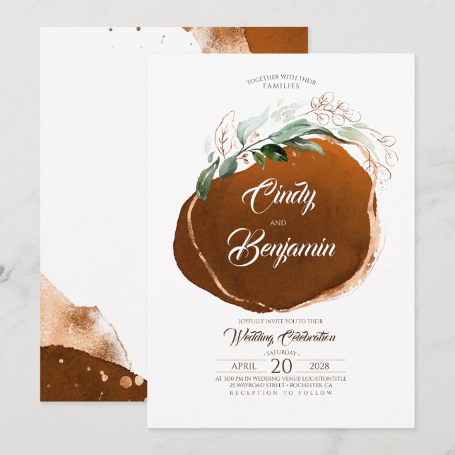 Greenery Foliage och Copper Foil Modern Bröllop Inbjudningar (Fram/baksida)