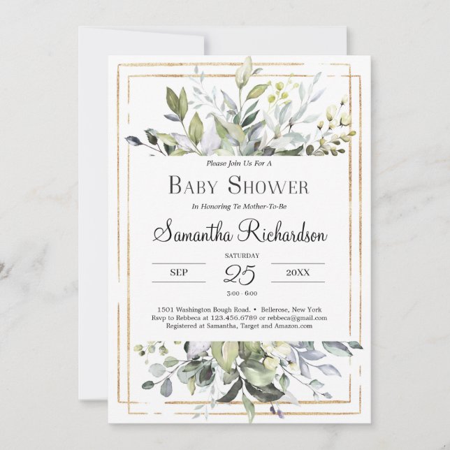 Greenery Foliage och Guld Geometric Boho Baby Inbjudningar (Framsida)