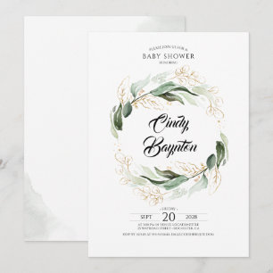 Greenery Foliage och Guld Lövs Baby Shower Inbjudningar