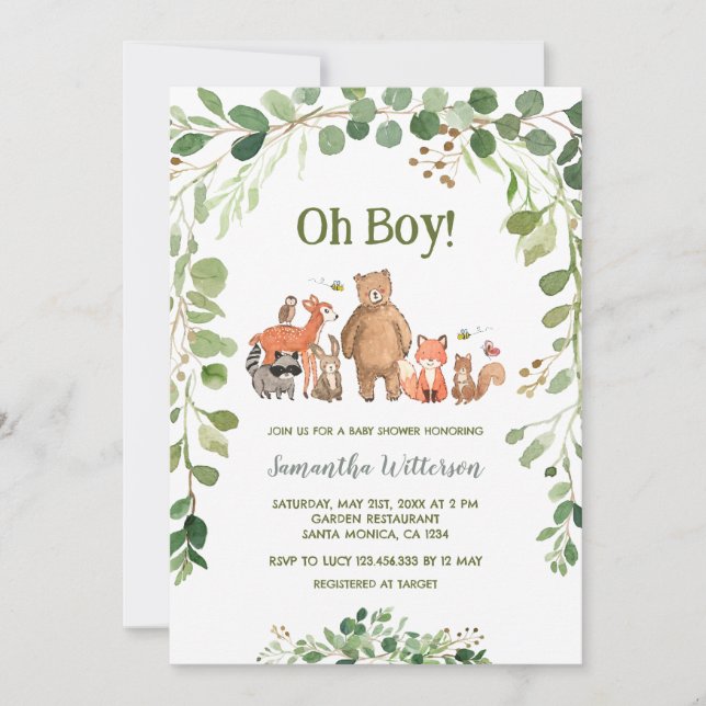Greenery Forest Animals Boy Shower Inbjudningar (Framsida)