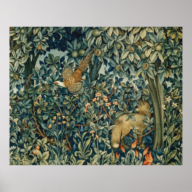 GREENERY,FOREST ANIMALS Pheasant ,Fox,Green Floral Poster (Framsidan)
