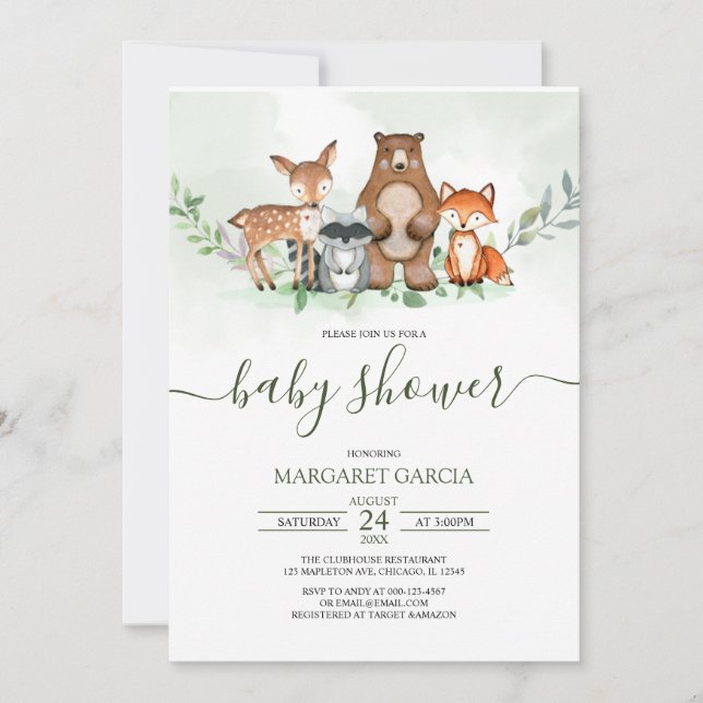 Greenery Forest WOODLAND Animals Baby Shower Inbjudningar (Framsida)
