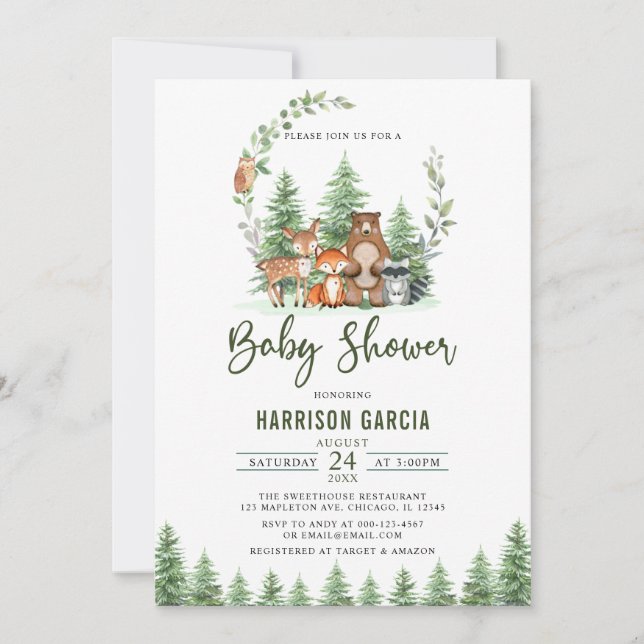 Greenery Forest Woodland Animals Baby Shower Inbjudningar (Framsida)