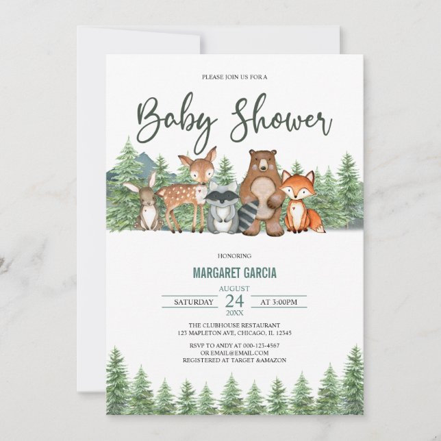 Greenery Forest Woodland Animals Baby Shower Inbjudningar (Framsida)