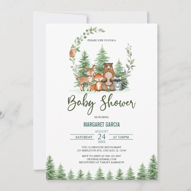 Greenery Forest Woodland Animals Baby Shower Inbjudningar (Framsida)