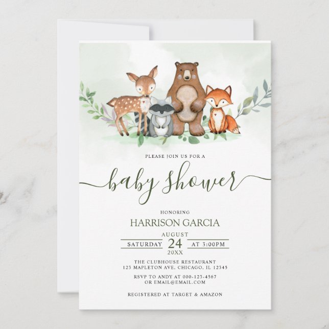 Greenery Forest WOODLAND Animals Baby Shower Inbjudningar (Framsida)