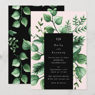 Greenery Fresh Löv Modern Black Rosa Bröllop Inbjudningar
