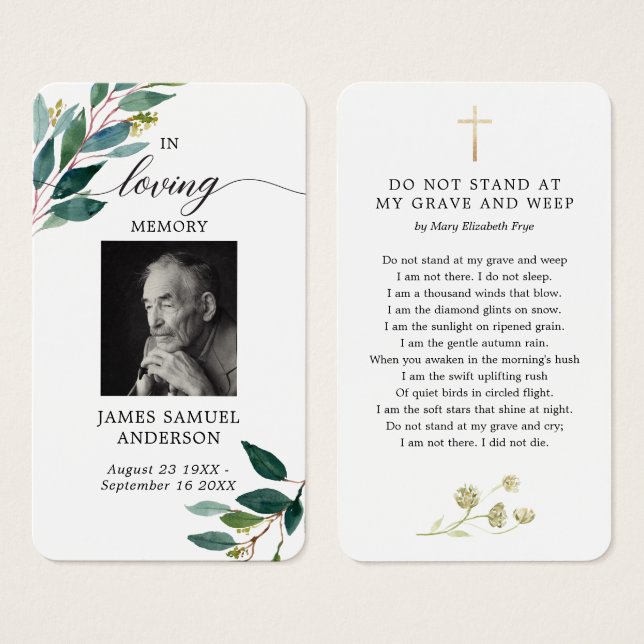 Greenery Funeral Memorial Dikt Card Visitkort (Framsida & baksida)