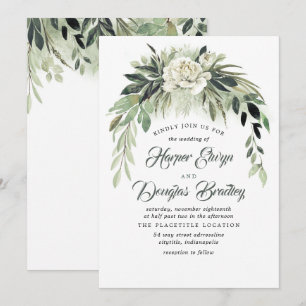 Greenery Garland och White Peony Vintage bröllop Inbjudningar