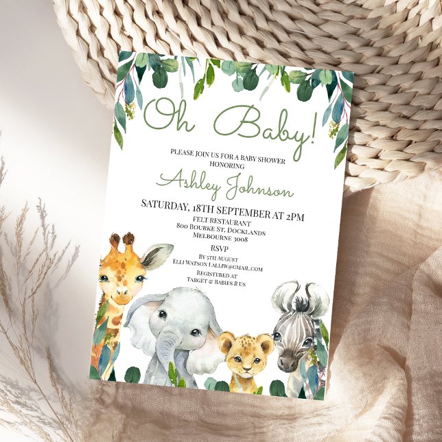 Greenery Gender Neutral Safari Baby Shower Inbjudningar (Gender Neutral Greenery Safari Baby Shower Invitation Jungle Animals Baby Shower Invite Foliage )
