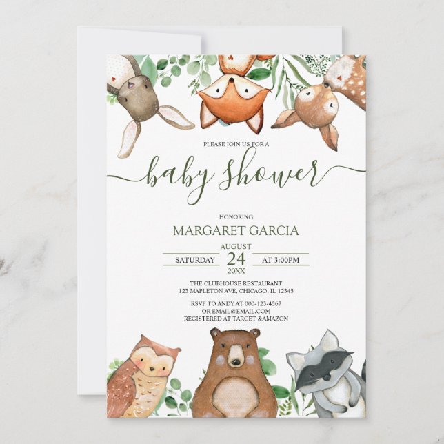 Greenery Gender Neutral WOODLAND Baby Shower Inbjudningar (Framsida)