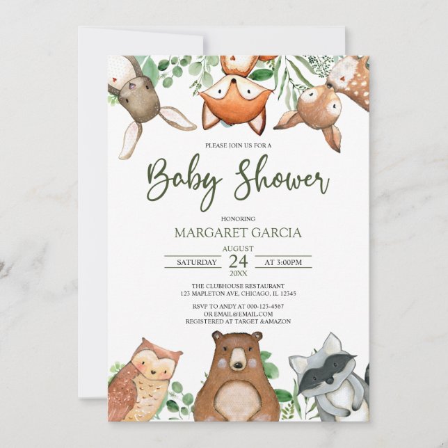 Greenery Gender Neutral WOODLAND Baby Shower Invit Inbjudningar (Framsida)