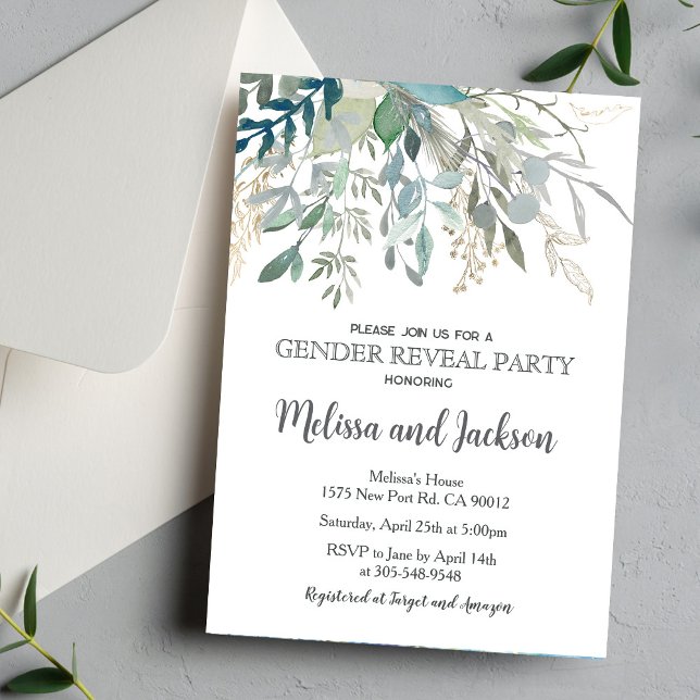 Greenery Gender Reveal Invitation Baby Shower Inbjudningar (Skapare uppladdad)