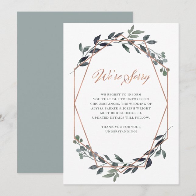 Greenery Geo | Annullering av ro Guld Bröllop Inbjudningar (Fram/baksida)