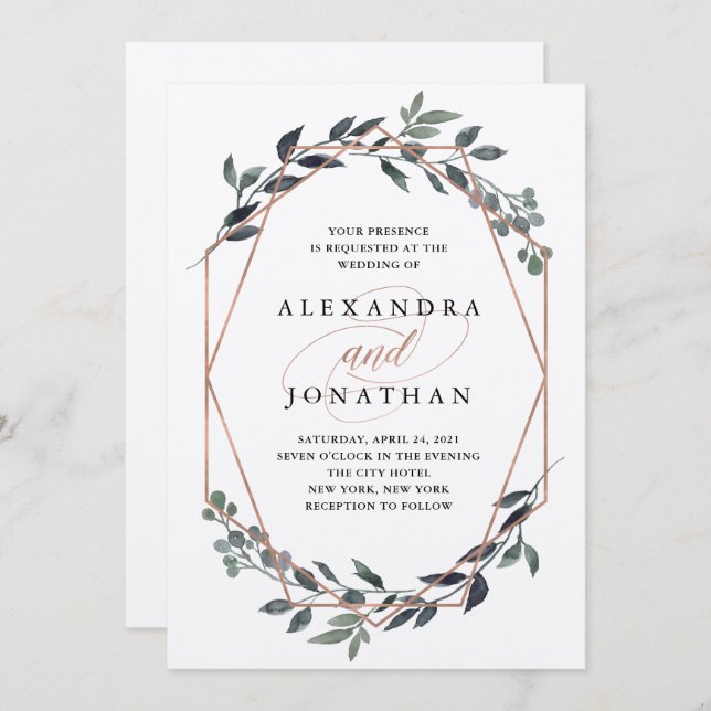 Greenery Geo Kraft | RO GULD BRÖLLOP Inbjudningar (Fram/baksida)