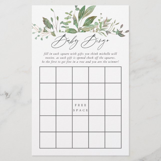 Greenery Geometric Baby Shower Baby Bingo (Framsida)