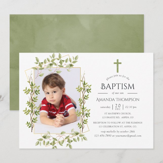 Greenery Geometric Baptism eller Christening Inbjudningar (Fram/baksida)