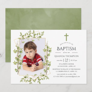 Greenery Geometric Baptism eller Christening Inbjudningar