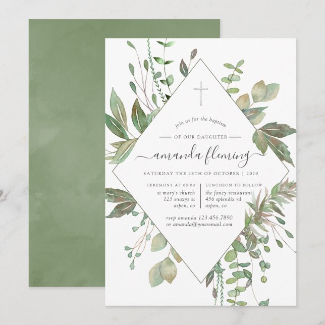Greenery Geometric Baptism eller Christening Inbjudningar (Fram/baksida)