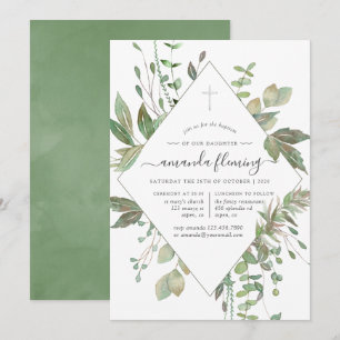 Greenery Geometric Baptism eller Christening Inbjudningar