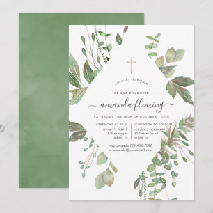 Greenery Geometric Baptism eller Christening Inbjudningar