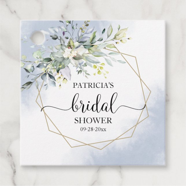 Greenery Geometric Dusty Blue Möhippa Favoriter Gåvor Etiketter (Framsida)