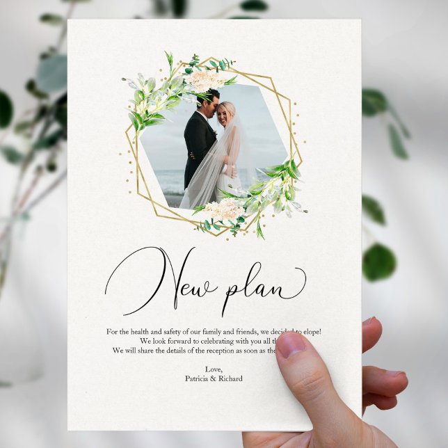Greenery Geometric New Plan Elopement Reception Vykort (Skapare uppladdad)