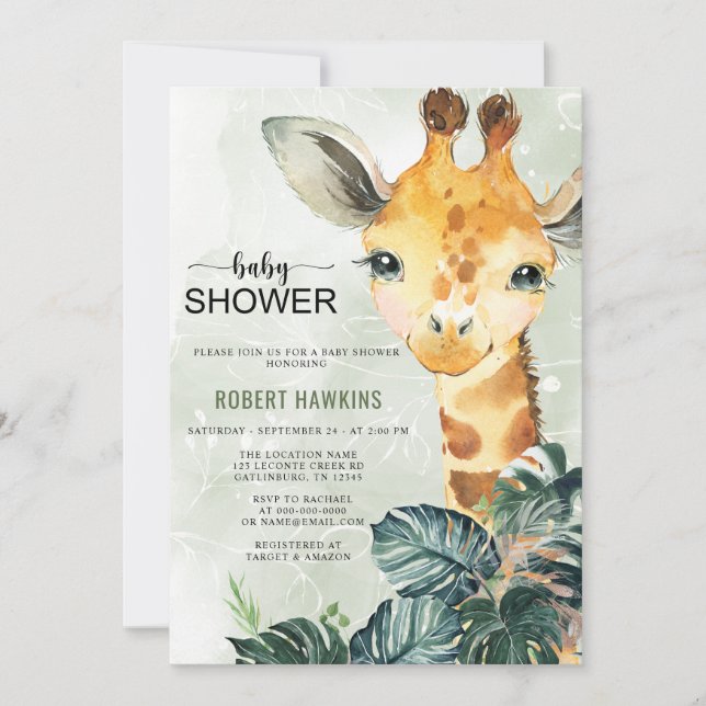 Greenery Giraffe Baby Shower Inbjudningar (Framsida)