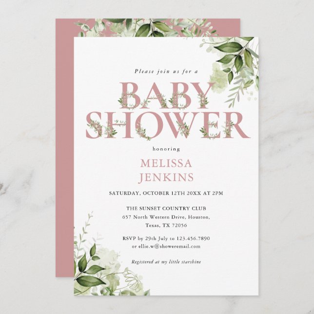 Greenery Girl Dusty Ro Rosa Brev Baby Shower Inbjudningar (Fram/baksida)