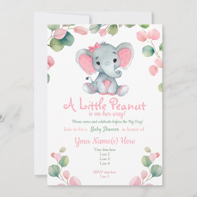 Greenery Girl Elephant Baby Shower-inbjudan Inbjudningar (Framsida)