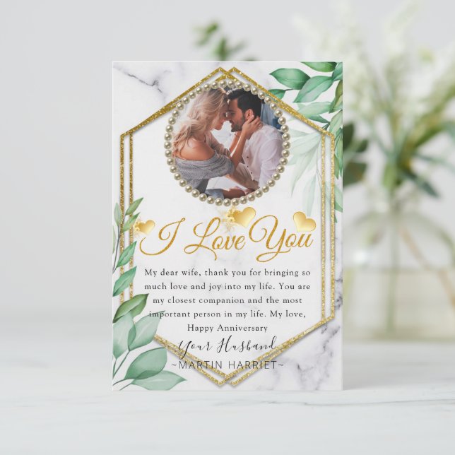 Greenery Glitter Photo Wife-årskort Tack Kort (Stående Fram)