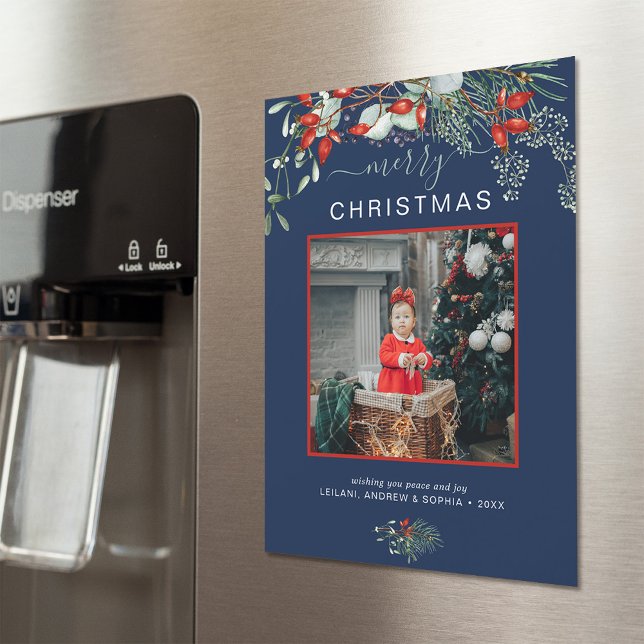 Greenery God jul Photo Navy Blue Helgdag (You will love these beautiful Christmas cards! They feature botanical watercolor pine and berries.)