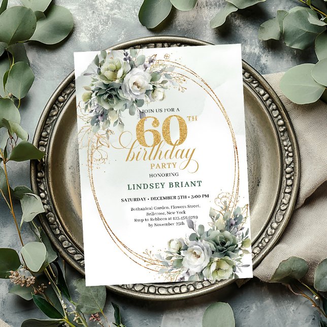 Greenery Gold 60-årsfirande Boho Party Inbjudan (Greenery Gold 60th Birthday Boho Party Invite

)