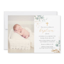 Greenery Gold Foil Baptism-inbjudan med foto