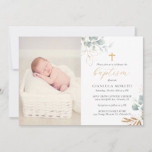Greenery Gold Foil Baptism-inbjudan med foto Inbjudningar