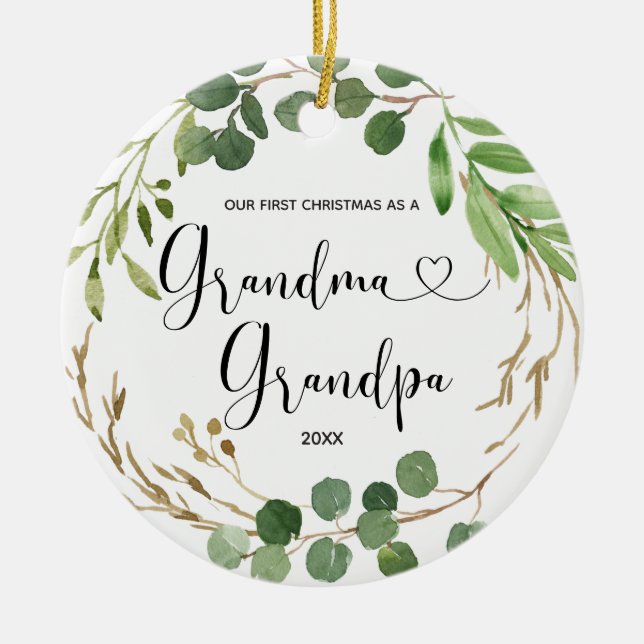 Greenery Grandma & Grandpa Första jul Julgransprydnad Keramik (Framsidan)