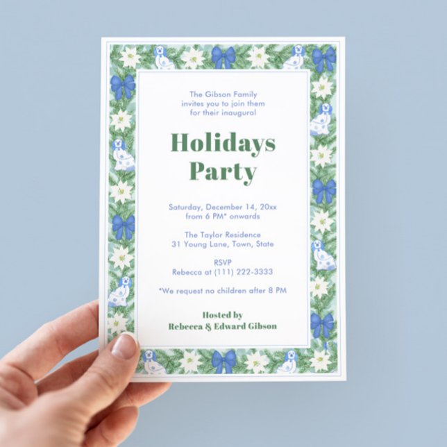 Greenery Gräns Blue och White Helgdagar Party Inbjudningar (Chinoiserie Chic Chintz Holiday Party Invite With Watercolor Border Featuring Pottery Dogs, greenery)