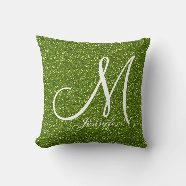 GREENERY GRÖNT glitter vit monogram Ditt namn Kudde (Framsida)