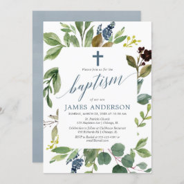 Greenery grönt löv dammiga blå pojkbaptism inbjudningar