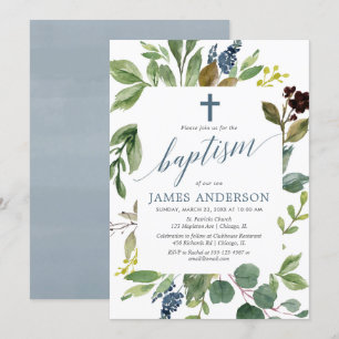 Greenery grönt löv dammiga blå pojkbaptism inbjudningar