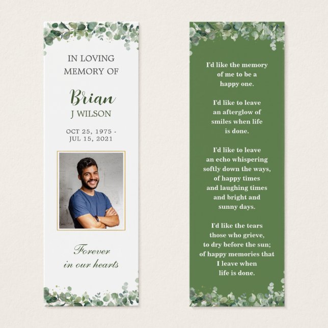 Greenery Grönt Photo Funeral Memorial Bookmark Litet Visitkort (Framsida & baksida)