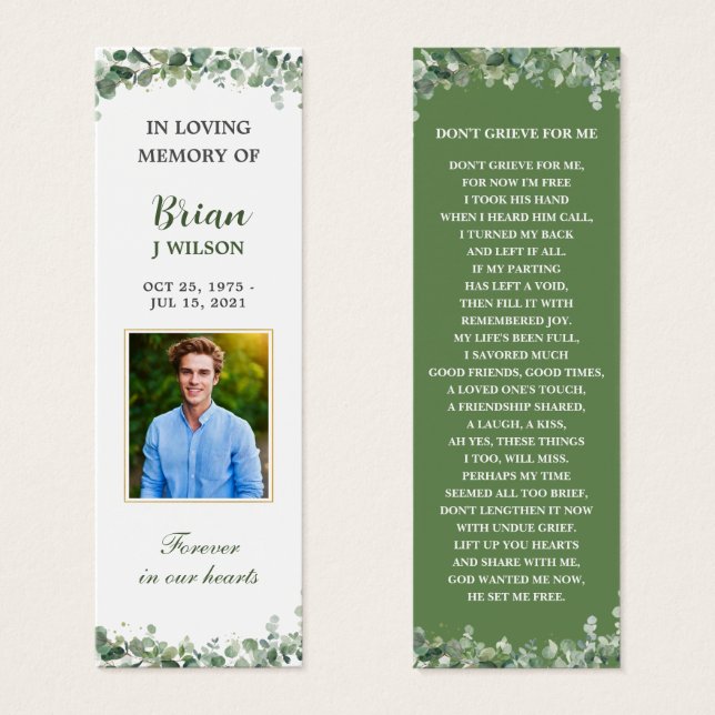 Greenery Grönt Photo Funeral Memorial Bookmark Litet Visitkort (Framsida & baksida)